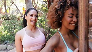 Tall guy dragged into threeway with busty Ebony sluts