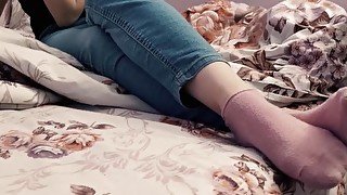 Horny Teen Barefoot Blue Jeans Handjob with Oiled Feet