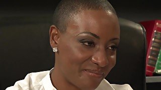 Busty black babe with bald head likes the way her white employee is fucking her brains out