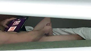 My step sister is obsessed with watching me jerk off watching porn huge cumshot on the bed