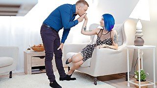 Blue-haired babe enjoys dick on floor