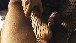 WAKE HER UP & FUCK HER FEET! MILF tickle handjob fishnet stockings footjob