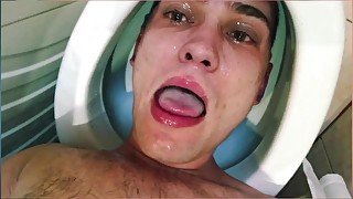 cute guy PISSES on own face while head in toilet  uses his mouth as a toilet  TOILET SLAVE DRI