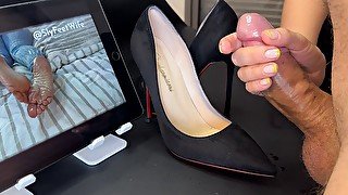 Goddess slyfeetwife wanks into a high heel while making him watch her videos