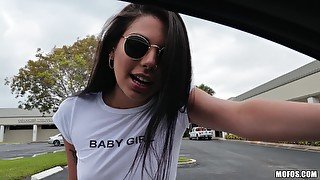 After a blowjob beautiful Gina Valentina jumps on a hard lover's shaft