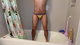 Pissing in Bathtub In morning Jockstrap Yellow