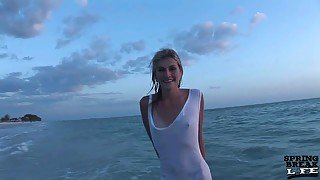 Super Skinny Blonde Playing Naked in the Gulf of Mexico - SpringbreakLife