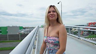 Public agent finds a blonde babe and offers her money
