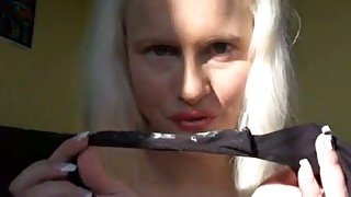 Blonde buxom emotional hottie masturbated her bald cunt a bit