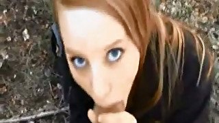 Dirty-minded amateur redhead flashes her booty and sucks dick outdoors