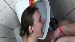 Fisting and pissing on teen toilet slave slut