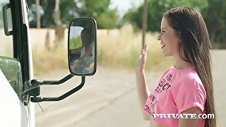 Russian hitch hiker Cassie Fire is fucked by hot blooded truckers