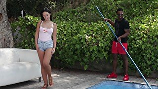 Marvelous moments for this brunette babe after she fucks with the pool guy