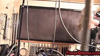 Femdom BDSM latex domina torments sub with cock pump