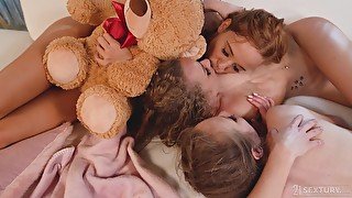 Elegant teens play romantic in a superb lesbian trio