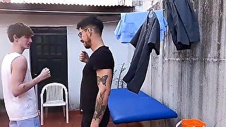 Bending over on the table and getting his ass eaten out
