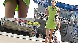 Sexy green mini suit upskirt