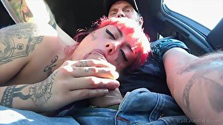 Tattooed pink haired emo girl is bent over for brutal doggy sex