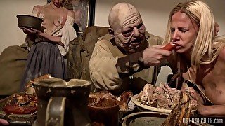 Ugly man and his son drill fat women during feast