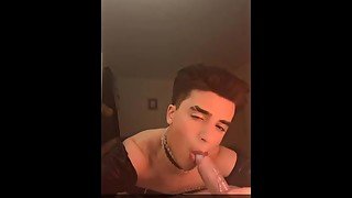 Femboy sucking dildo passionately