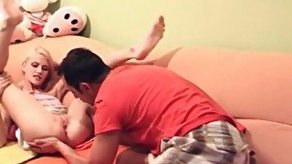 Tiny blonde blows him and has great sex