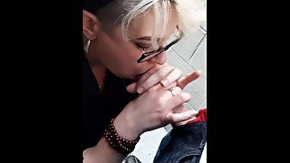 Public Blowjob On Roof Of Parking Garage. Oral Creampie