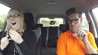 Fake Driving School Examiner sprays cum all over learners hairy pussy