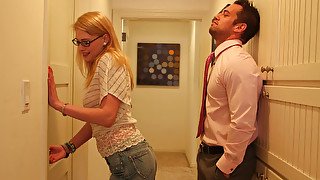 Slutty blond nerd Allie James sucks a cock in the hall