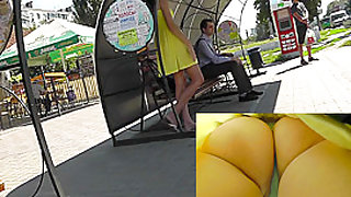 Pretty yellow dress and sexy upskirt thong panties