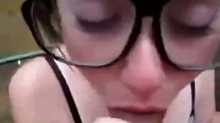 Nerdy girl is sucking on my dick with all the passion she has