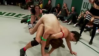 A few horny lesbians enjoy wrestling and banging on tatami