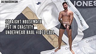 Straight housemate put in chastity - underwear haul video call