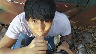 Non-binary trans fem public outdoor cum in mouth