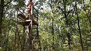 Jerk off from high seat - nude in the woods - quick cum