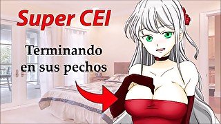 SUPER CEI HENTAI en español. Limpiando el semen de sus pechos.