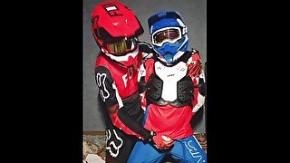 A guy in a motocross gear gets a portion on his mxhelmet