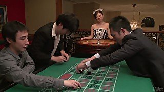 Asian maid Maki Horiguchi sucks three hard dicks with passion