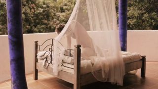 Sensual sex under canopy in bed of ardent couple