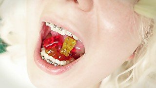 ASMR mukbang in braces - chewing and swallowing jelly teddybears - giantess vore mouth tour