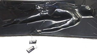 Self bondage orgasm in vacbed. Boy plays with electro chastity and magic wand in vacbed when starts