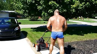 Mowing the lawn in slut shorts