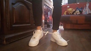 Nike Air Force 1. Tie the 2 laces together, walk, tear. Fetish video made by a sneaker lover boy