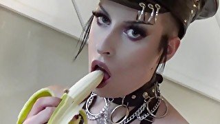 Latex Dominatrix Sucks and Tramples a Banana - Milk Rebelle