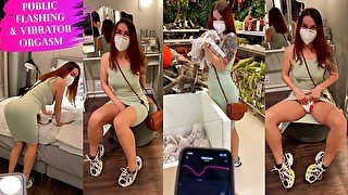 Public flashing and orgasm in the shop vibrator control LeoKleo