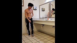 Jock strokes butt naked in school gym bathroom POV