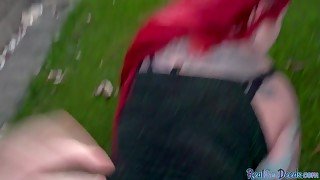 Street redhead MILF fucked in POV by fake agent outdoor