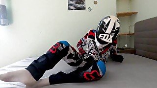 Blond Teen boy jerk off in Fox MX gear in cum on helmet