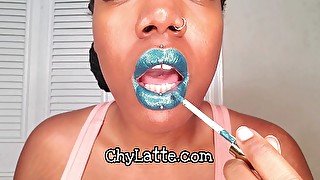 Lipstick teal aqua application