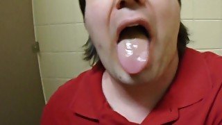 Fat Step daddy jerks off in work bathroom again and swallows cum