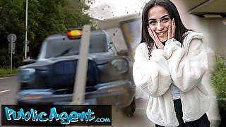 Public Agent petite British Brunette Sucks and Fucks after Nearly Getting Run Over by a Runaway Taxi